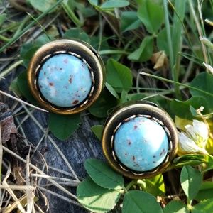 Vtg Estate Speckled Robin's Egg Cabochon Earrings